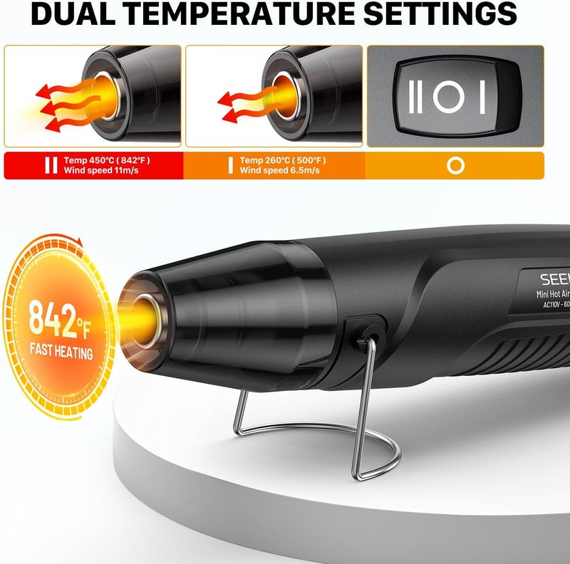 SEEKONE 350W Mini Heat Gun with Dual-Temp Model 500℉ & 842℉(260℃& 450℃), Hot Air Gun with Overload Protection and Reflector Nozzle for Heat Shrinking Tubes, Shaping, PVC Tubing（Black） - Image 2